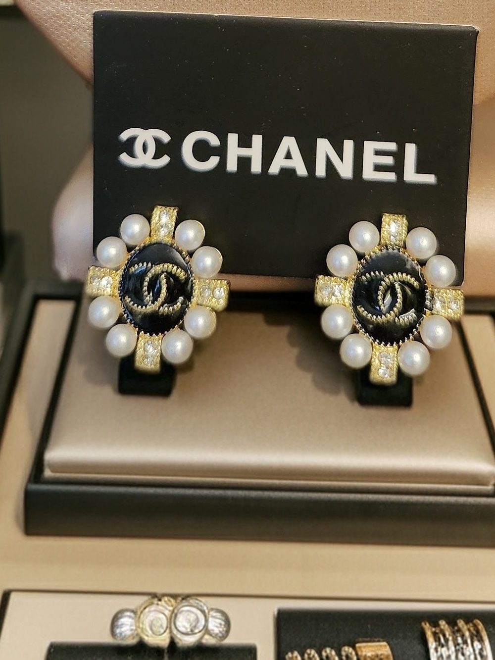 CHANEL Enamel Earrings In Goldtone With Pave' Crystals And Pearls